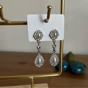 Pearl Drop Dangle Earrings Stud- Silver Tone